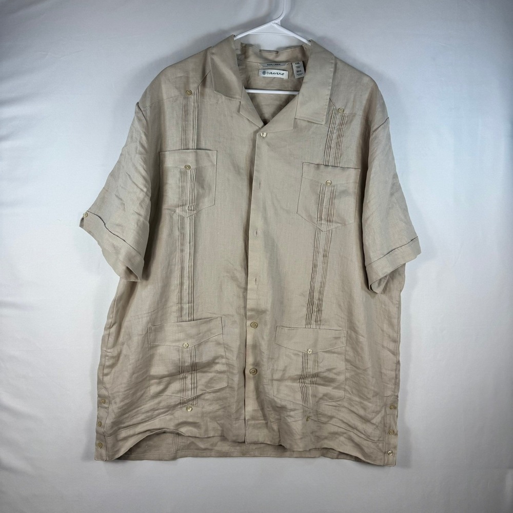 Cubavera Men XXL Beige 100% Linen Short Sleeve Guayabera Shirt Pintuck 4 Pocket
